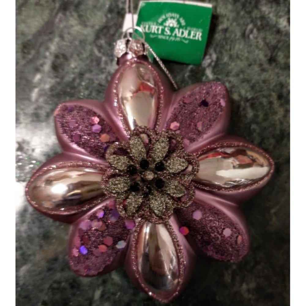 Purple Glass Flower Ornament Kurt Adler T1252 New with Tags Embellished Glitter
